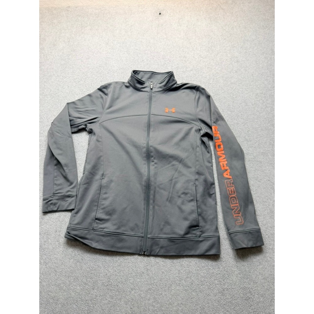 Under Armour Kids Gray Orange Full Zip Track Jacket Athletic Warm Up D-3-5(4104)